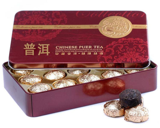 Ripe pu-erh mini tuo cha in a red gift tin, 100 g