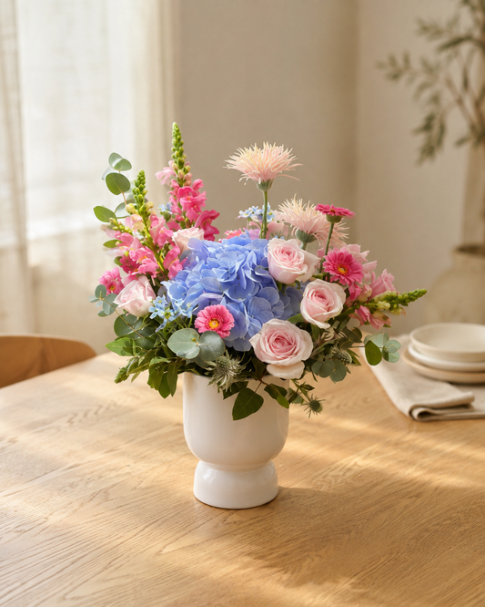 Blue Hydrangea & Pink Roses