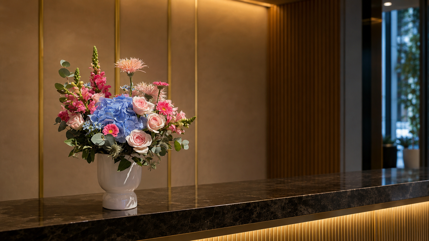 Blue Hydrangea & Pink Roses