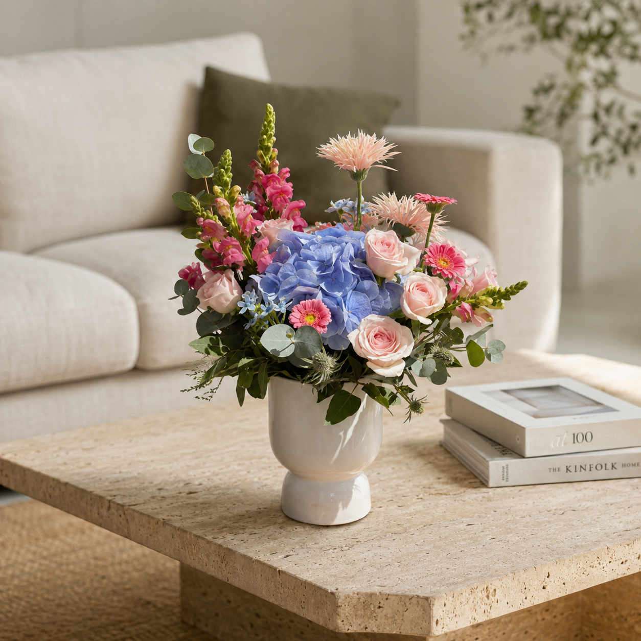 Blue Hydrangea & Pink Roses
