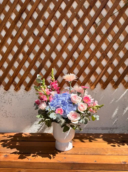 Blue Hydrangea & Pink Roses